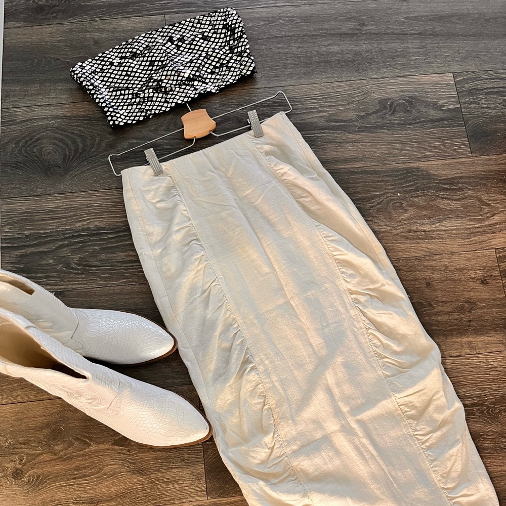 Sequin top and Zara linen skirt